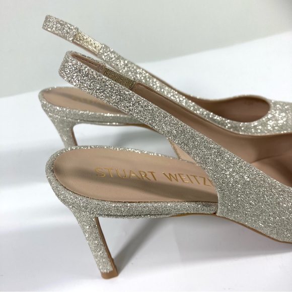 NWB Stuart Weitzman Linsi 75 Pointed Toe Glitter Slingback Pump Glitter Platino - Picture 15 of 17